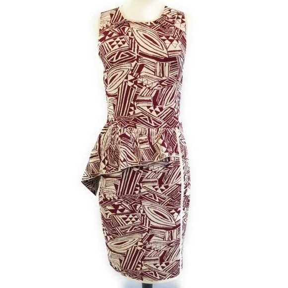 Eva Longoria Power Knit Sleeveless Peplum Dress in Maroon & Cream Print Size M - Picture 2 of 8
